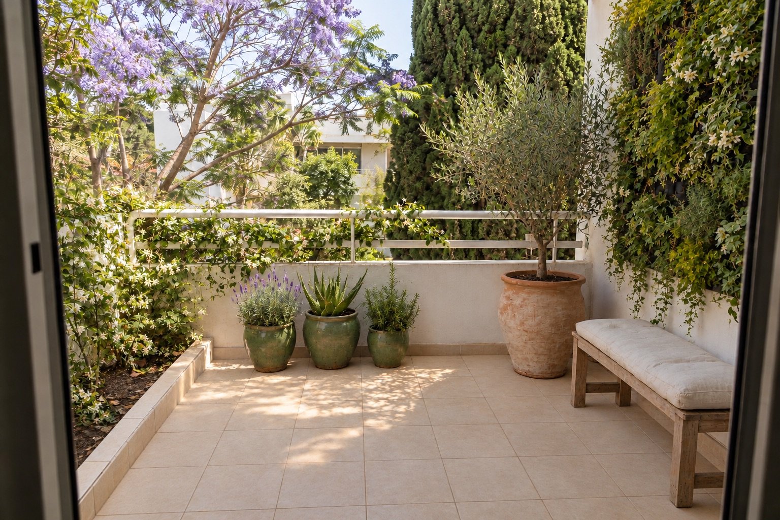 Le même balcon tel que l’aperçu le propose : olivier en pot, lavandes, mur végétal, banc.